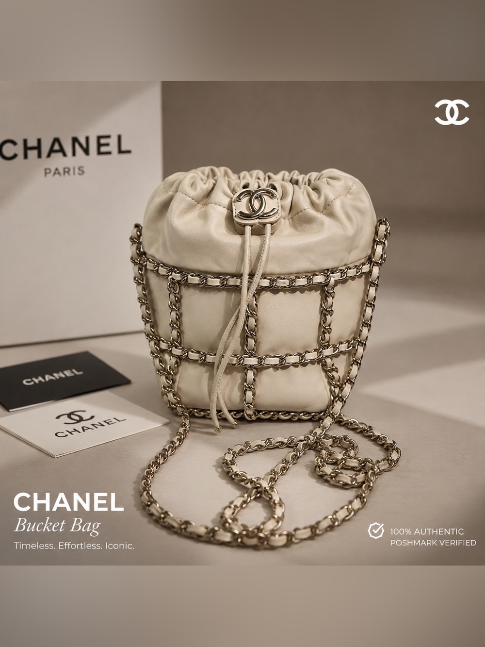 Chanel CC Bucket Bag Drawstring Cream Leather Gold Chain Crossbody | Authentic - Picture 1 of 9